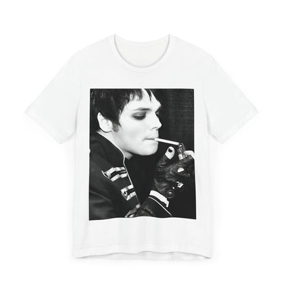 A black graphic t-shirt featuring a black and white graphic or photo of My Chemical Romance in a backstage setting.