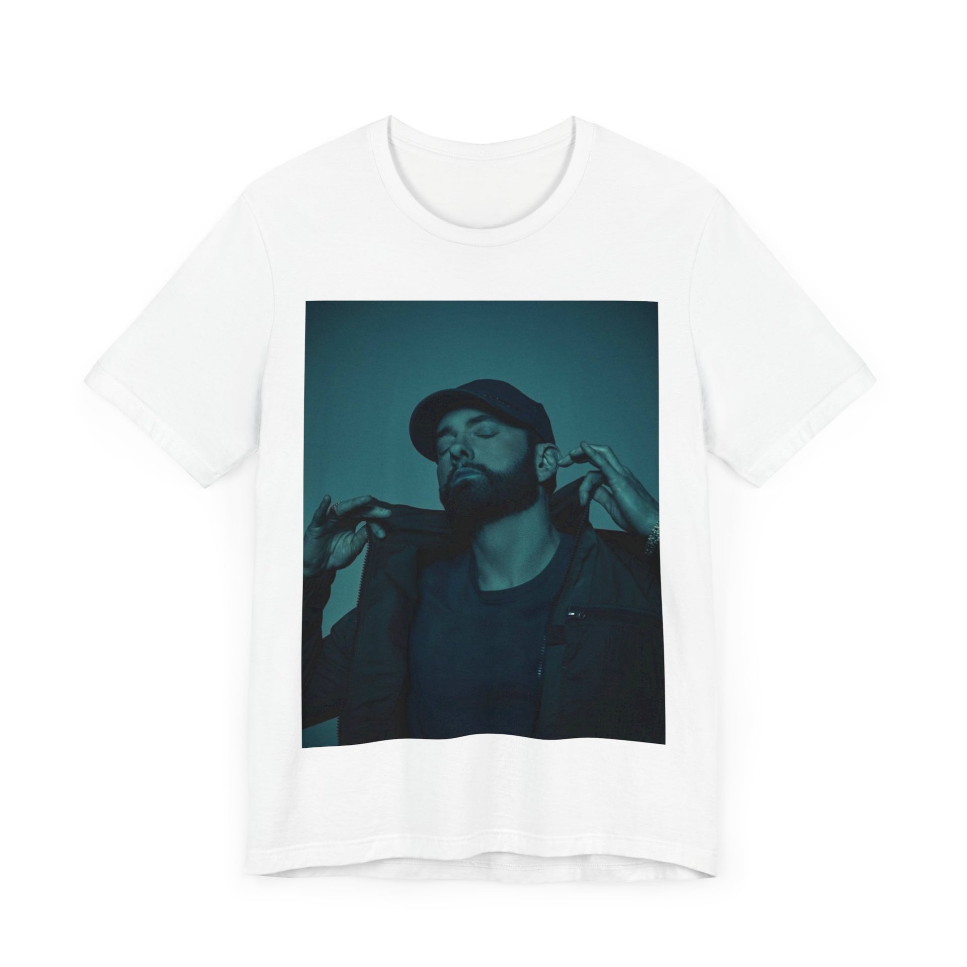 A black graphic t-shirt featuring a graphic of Eminem as a 'Rap God'.