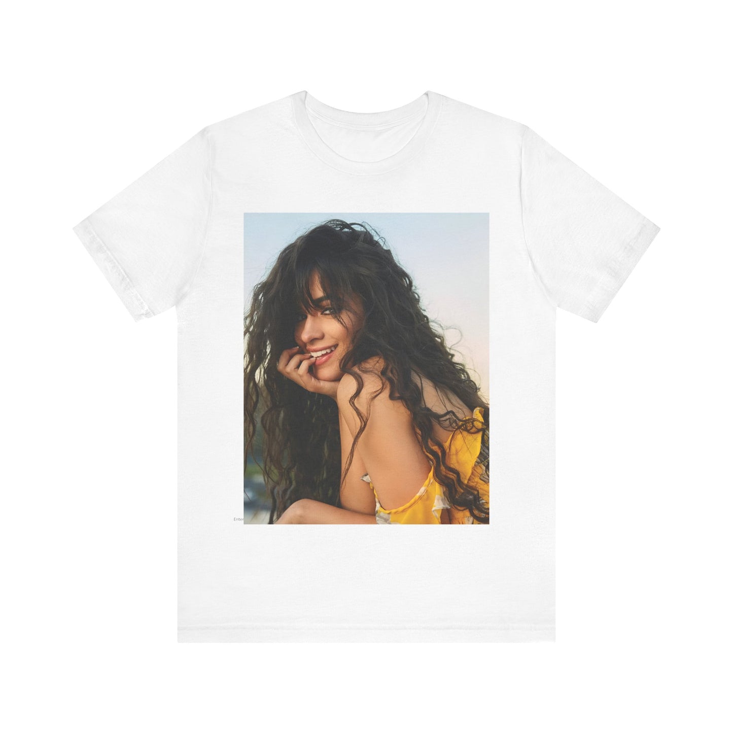 A black graphic t-shirt featuring a graphic inspired by Camila Cabello's "Don't Go Yet" song or era.