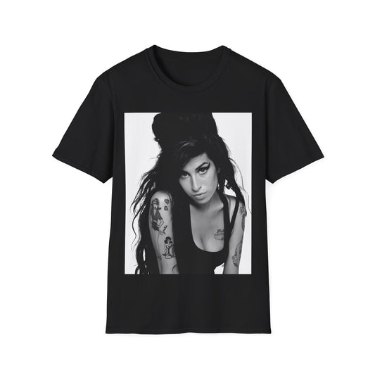 A black graphic t-shirt featuring a black and white portrait of Amy Winehouse, showing her with her signature beehive and soulful expression.