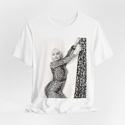 A black graphic t-shirt featuring a black and white, wild-style graphic of Blondie, emphasizing their untamed spirit.