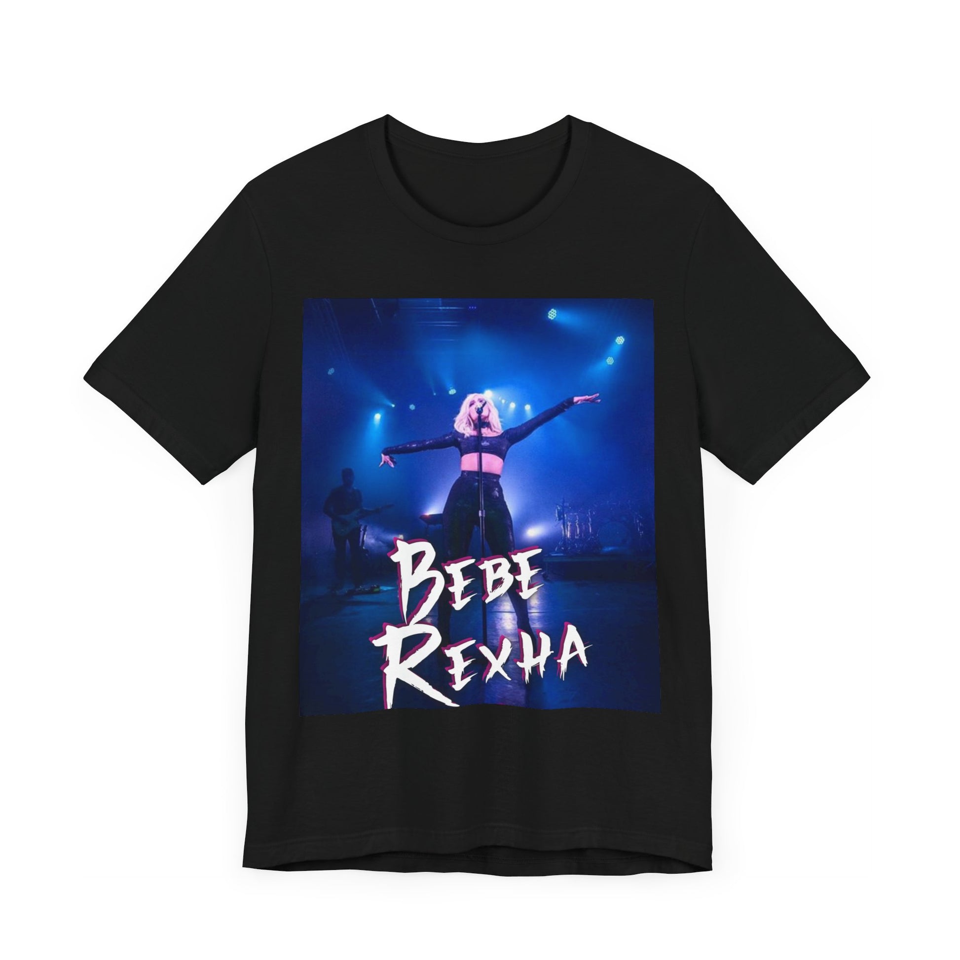 A black graphic t-shirt featuring a dynamic graphic or photo of Bebe Rexha performing live on stage.