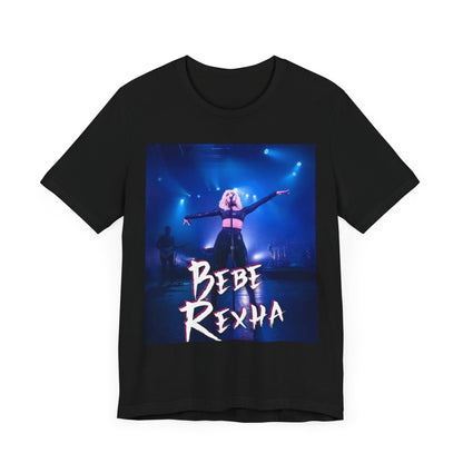 A black graphic t-shirt featuring a dynamic graphic or photo of Bebe Rexha performing live on stage.