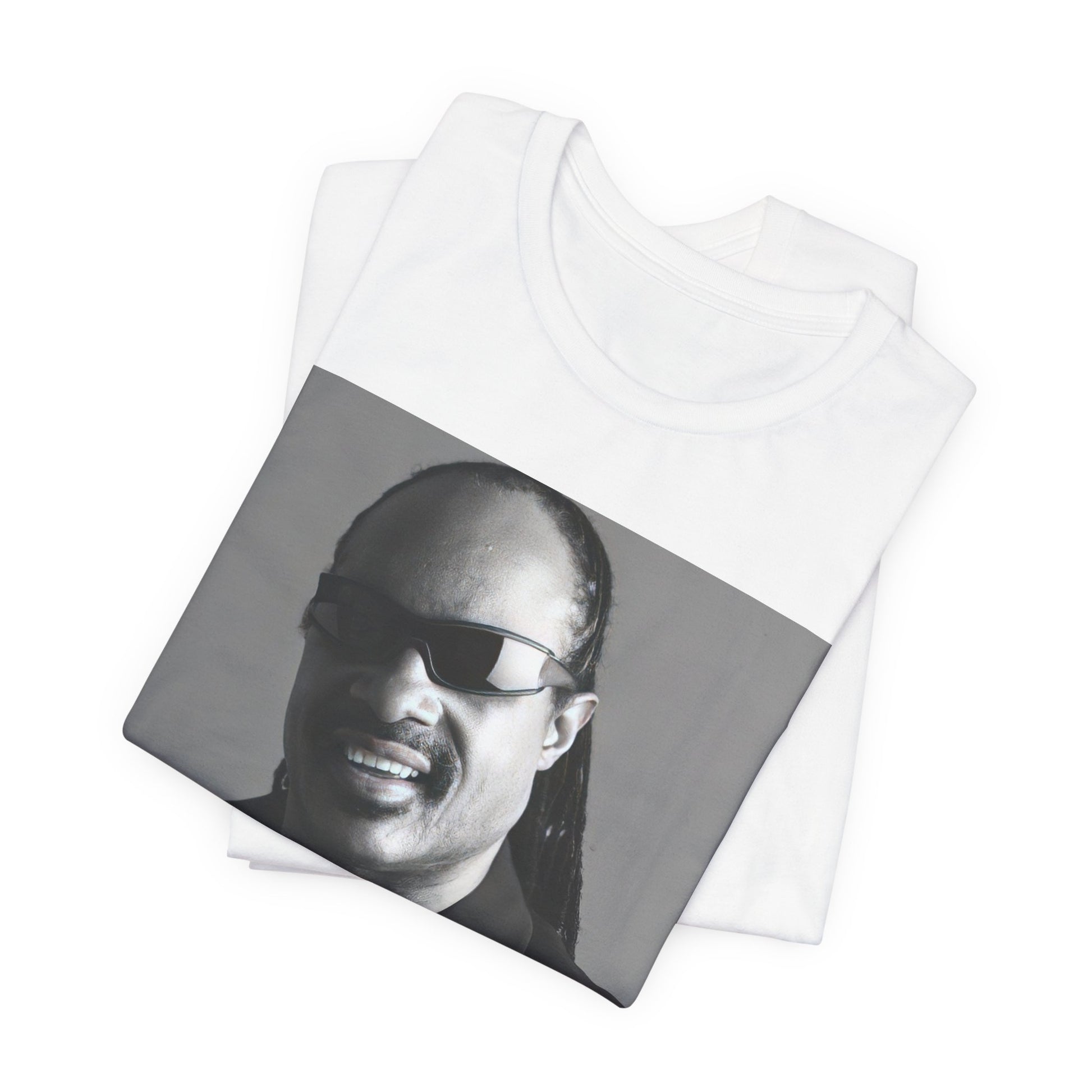 A black graphic t-shirt featuring a classic Motown legend black and white graphic of Stevie Wonder.