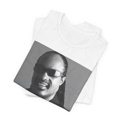 A black graphic t-shirt featuring a classic Motown legend black and white graphic of Stevie Wonder.