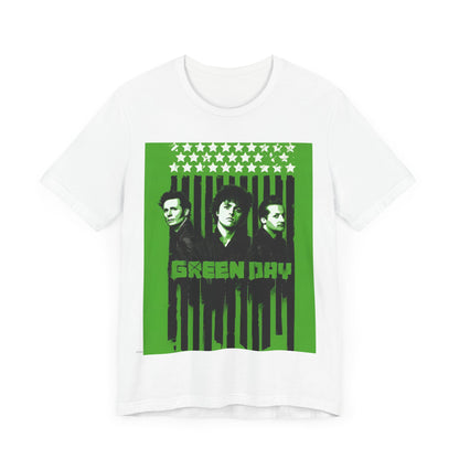A black graphic t-shirt featuring a retro graphic of Green Day related to their 'American Idiot' album.