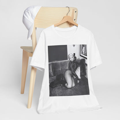 A black graphic t-shirt featuring a fierce black and white glamour graphic of Nicki Minaj.