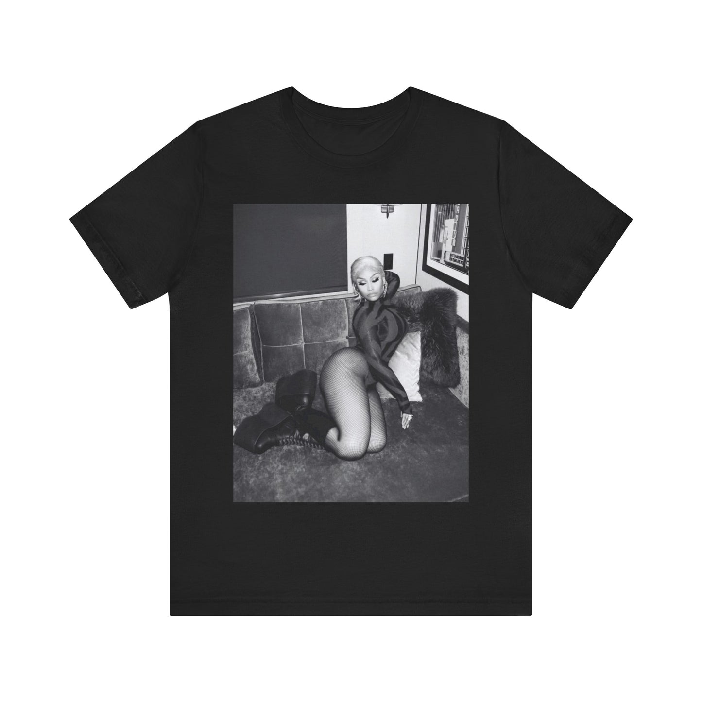 A black graphic t-shirt featuring a fierce black and white glamour graphic of Nicki Minaj.