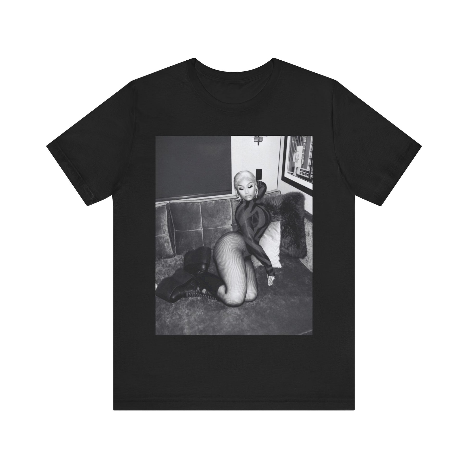 A black graphic t-shirt featuring a fierce black and white glamour graphic of Nicki Minaj.