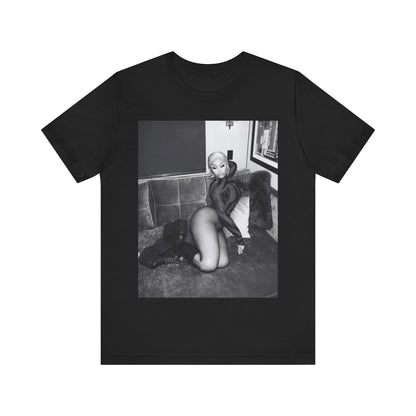 A black graphic t-shirt featuring a fierce black and white glamour graphic of Nicki Minaj.