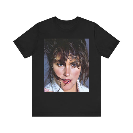A black graphic t-shirt featuring an 80s style graphic of Laura Branigan.