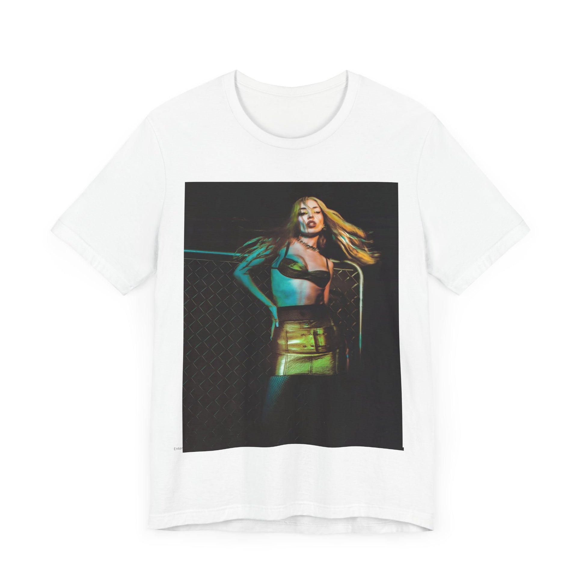 A black graphic t-shirt featuring a neon pop art style graphic of Ava Max, with bright, glowing colors and possibly a 'Pop Queen' title.