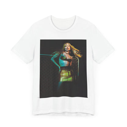 A black graphic t-shirt featuring a neon pop art style graphic of Ava Max, with bright, glowing colors and possibly a 'Pop Queen' title.