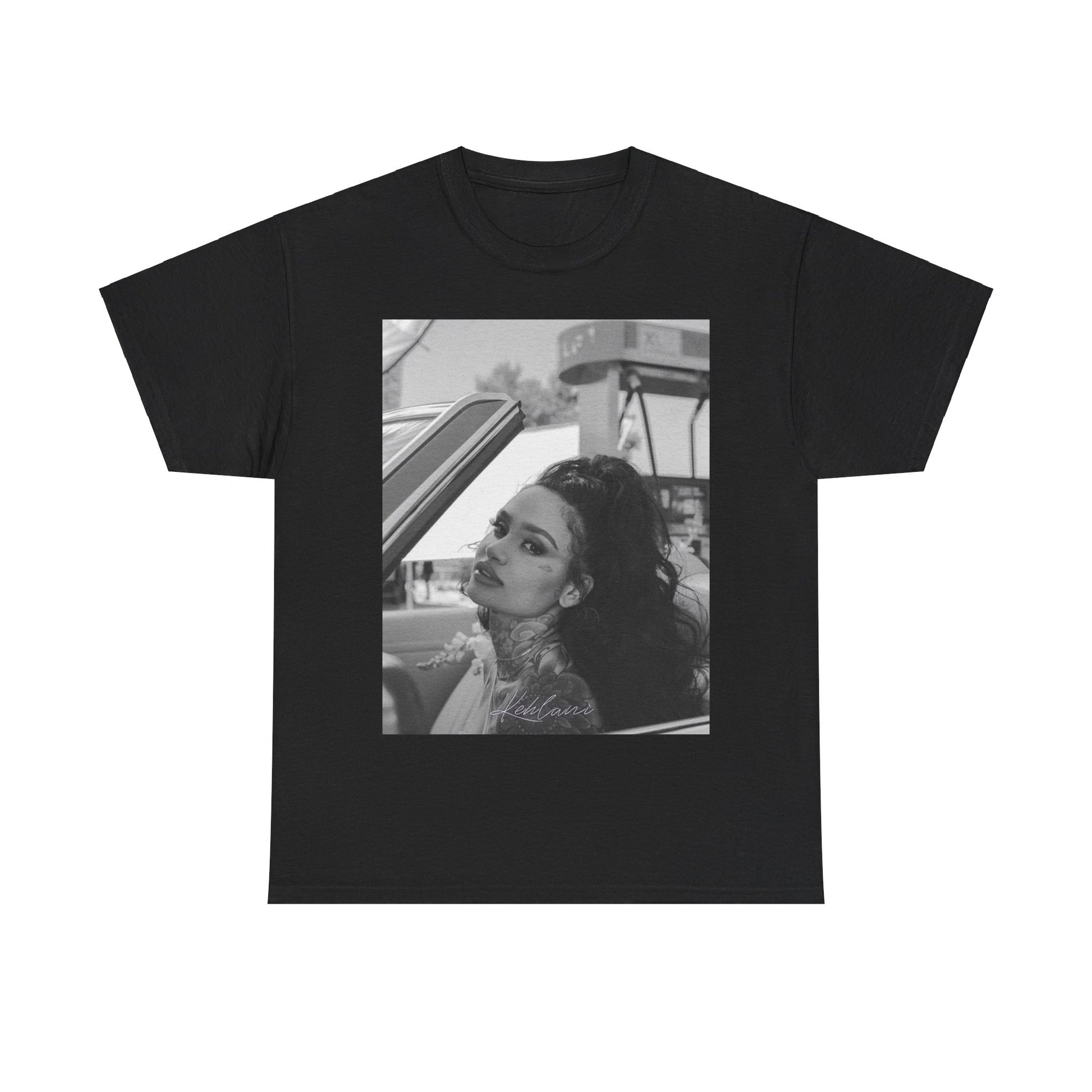 A black graphic t-shirt featuring a black and white retro photo or graphic of Kehlani.