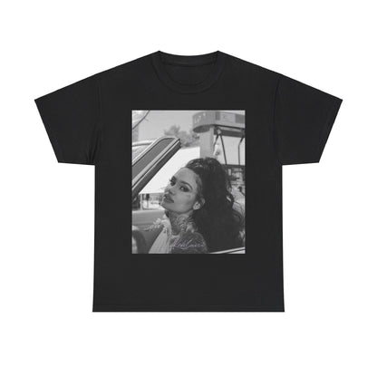 A black graphic t-shirt featuring a black and white retro photo or graphic of Kehlani.