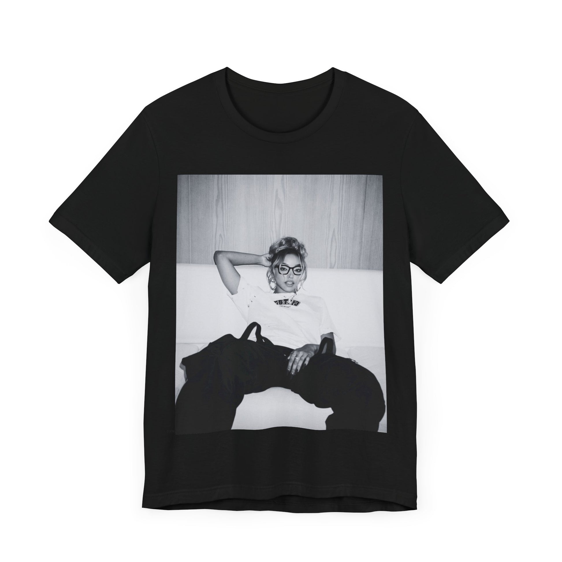 A black graphic t-shirt featuring a black and white portrait photo of Tinashe.