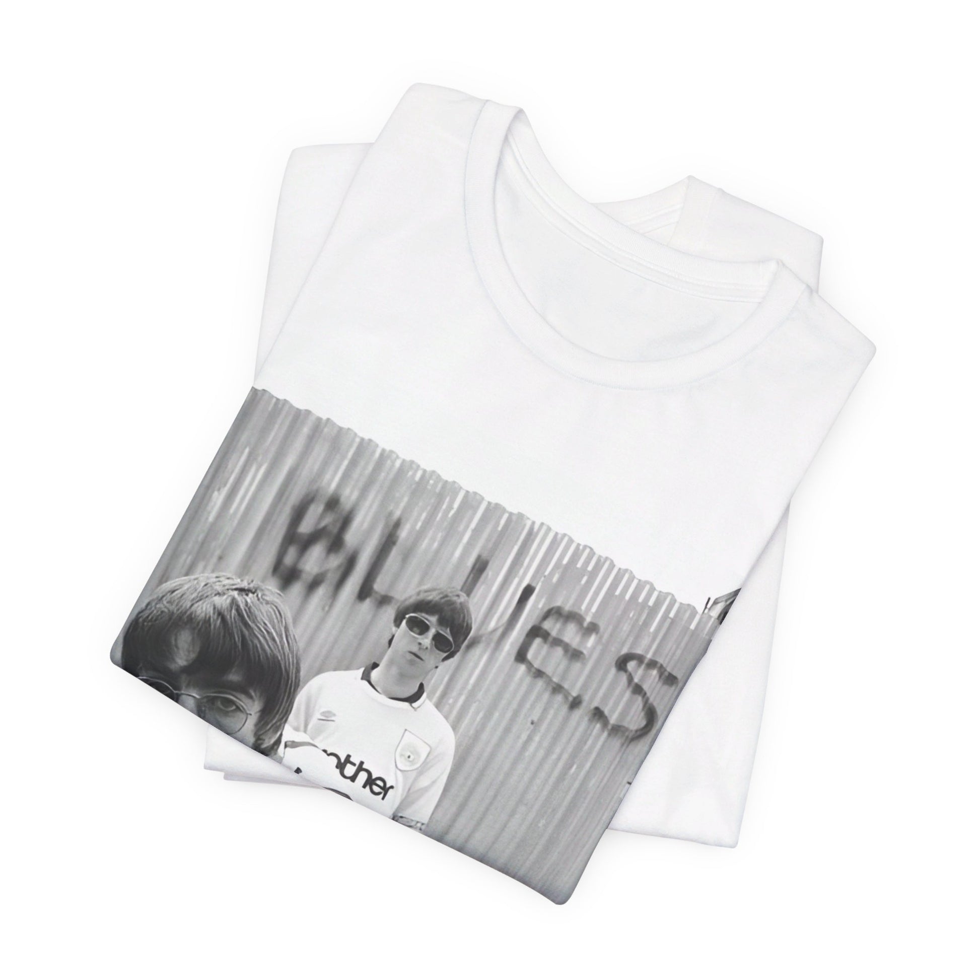 A black graphic t-shirt featuring a graphic of Liam and Noel Gallagher from Oasis, showing their support for Manchester City.