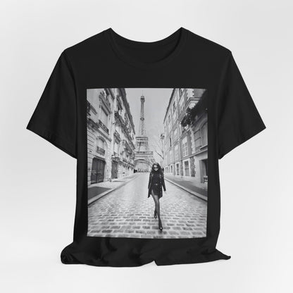 A black graphic t-shirt featuring a black and white photo of Selena Gomez in Paris.