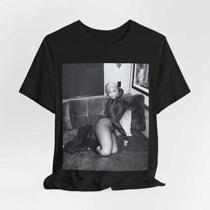 A black graphic t-shirt featuring a fierce black and white glamour graphic of Nicki Minaj.