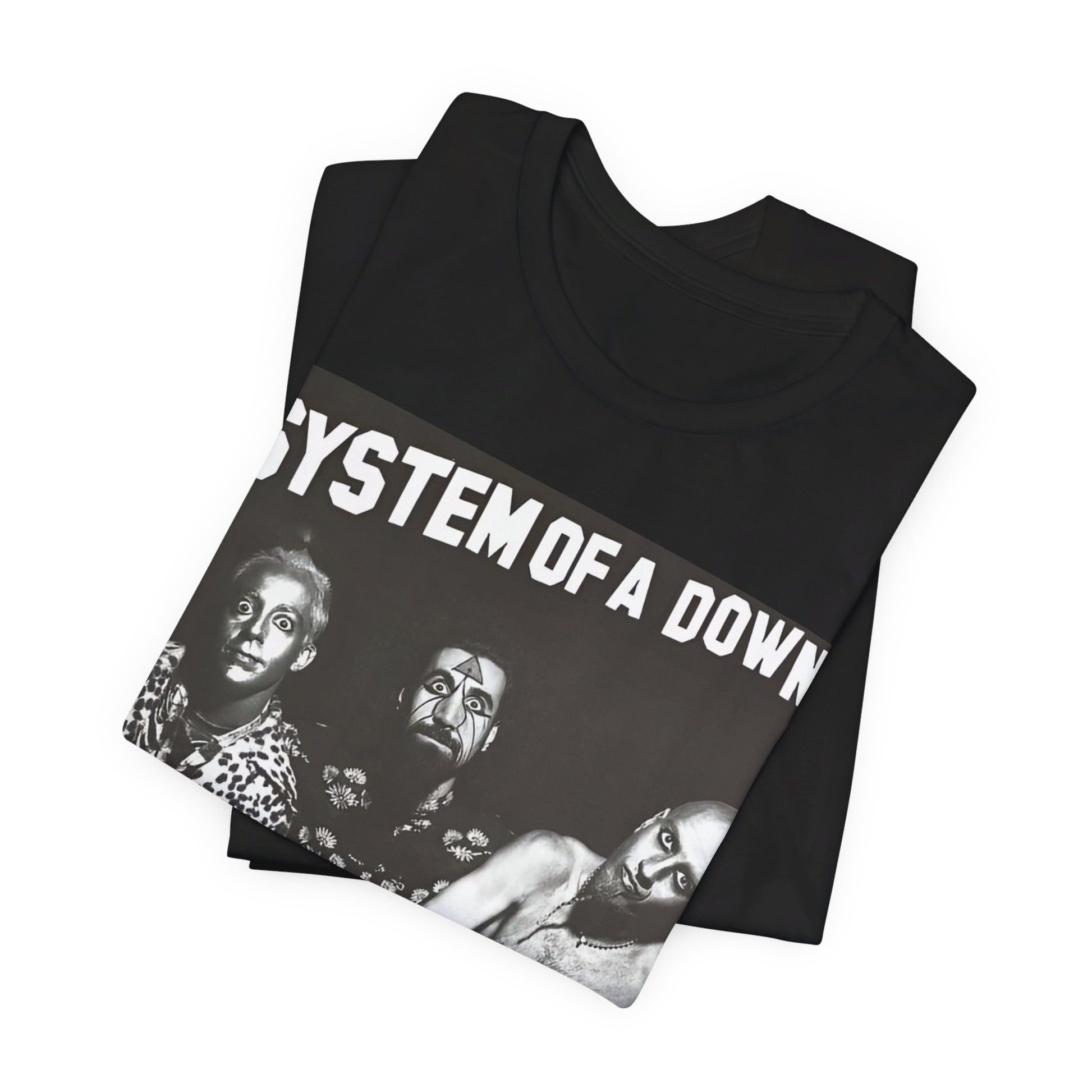 A black graphic t-shirt featuring a black and white graphic related to System of a Down's 'Chop Suey!' song or era.