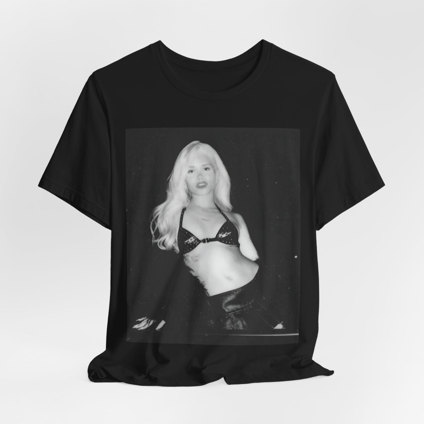 A black graphic t-shirt featuring a black and white portrait photo of Nessa Barrett.