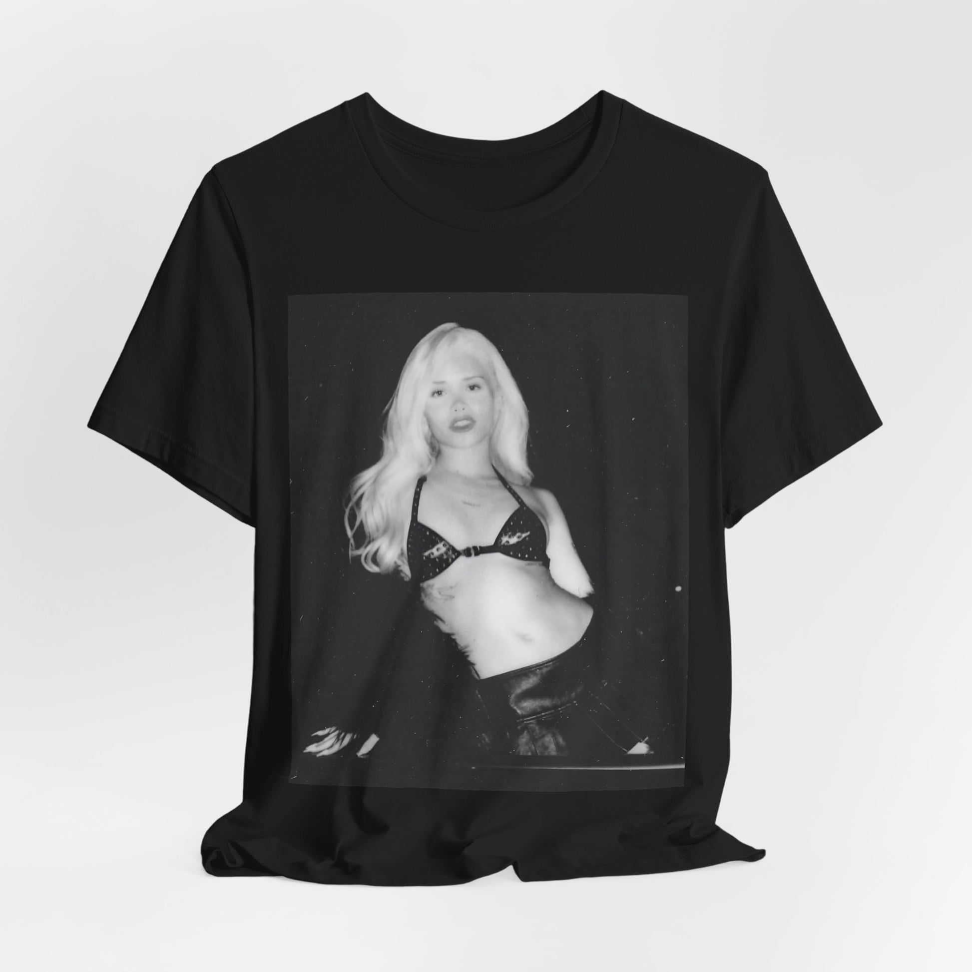 A black graphic t-shirt featuring a black and white portrait photo of Nessa Barrett.
