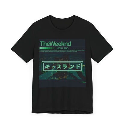 A black graphic t-shirt featuring a retro graphic related to The Weeknd's 'Kiss Land' album.