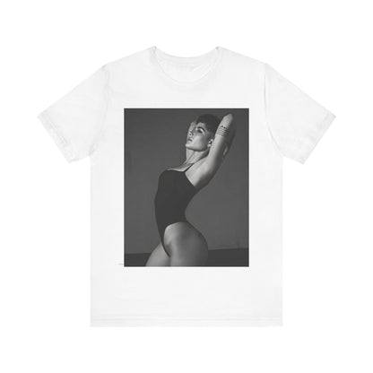 A black graphic t-shirt featuring a black and white, monochrome graphic or photo of Halsey.