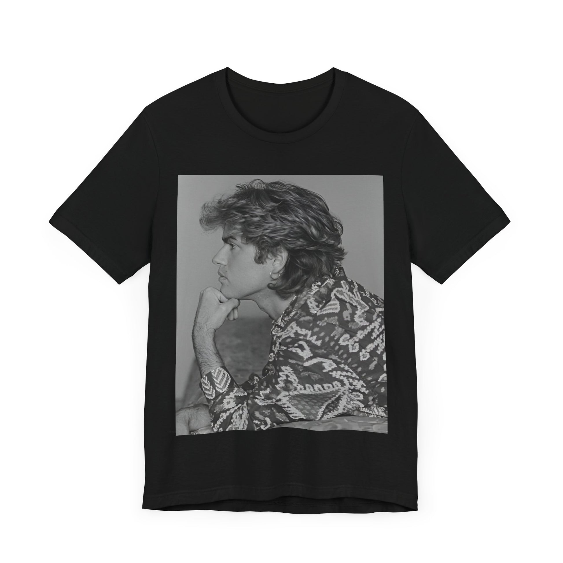 A black graphic t-shirt featuring a graphic of George Michael from his 80s Wham! era.
