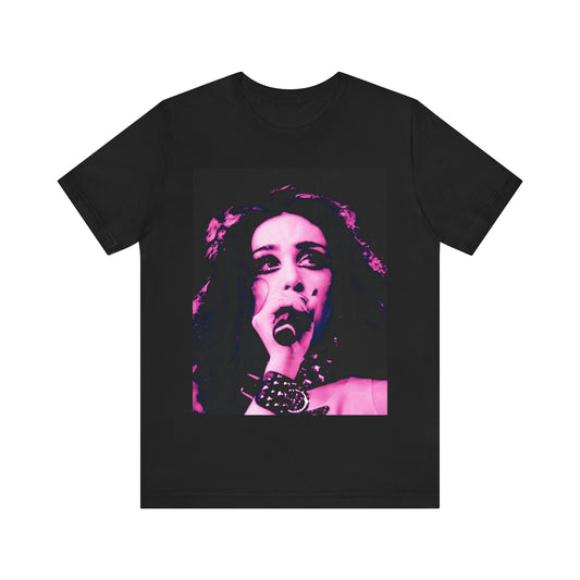 A black graphic t-shirt featuring a graphic related to Chappell Roan's song "Good Luck, Babe!".