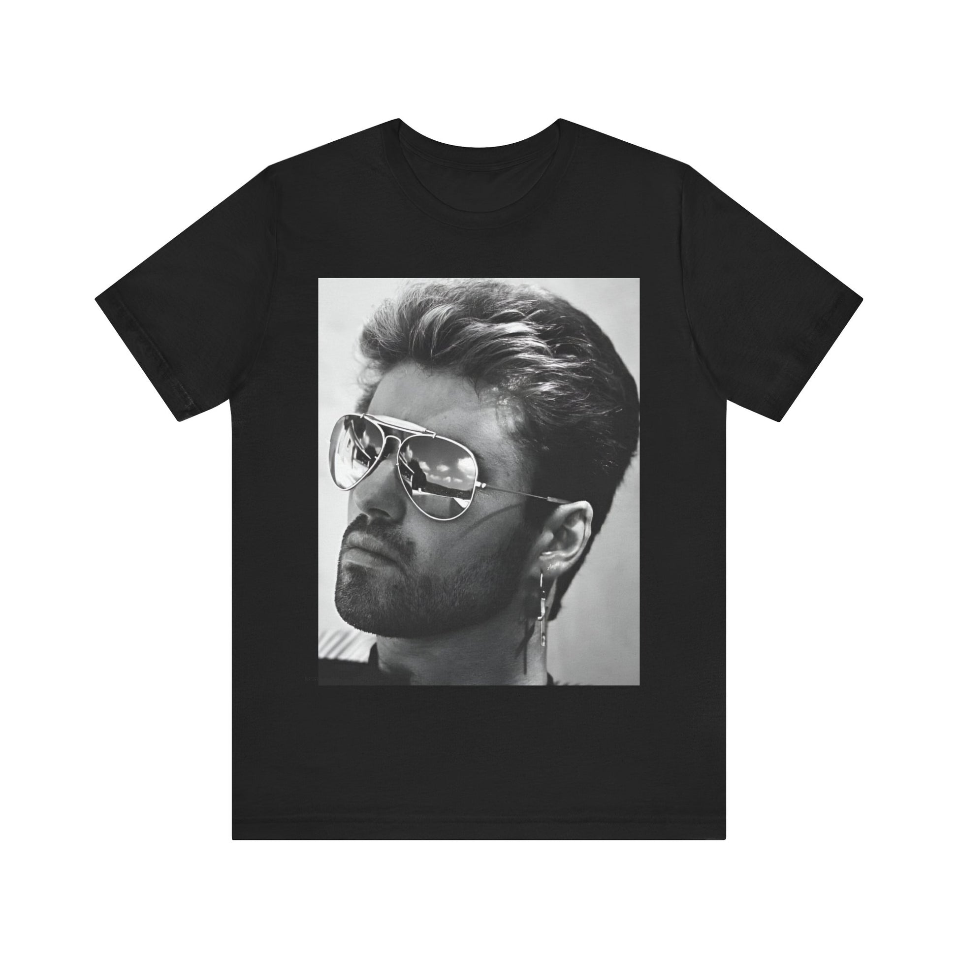 A black graphic t-shirt featuring a photo of George Michael wearing iconic sunglasses.