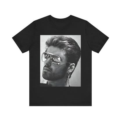 A black graphic t-shirt featuring a photo of George Michael wearing iconic sunglasses.