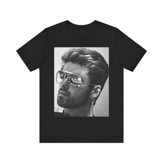 A black graphic t-shirt featuring a photo of George Michael wearing iconic sunglasses.