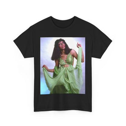 A black graphic t-shirt featuring an 80s pop icon aesthetic graphic of Donna Summer.
