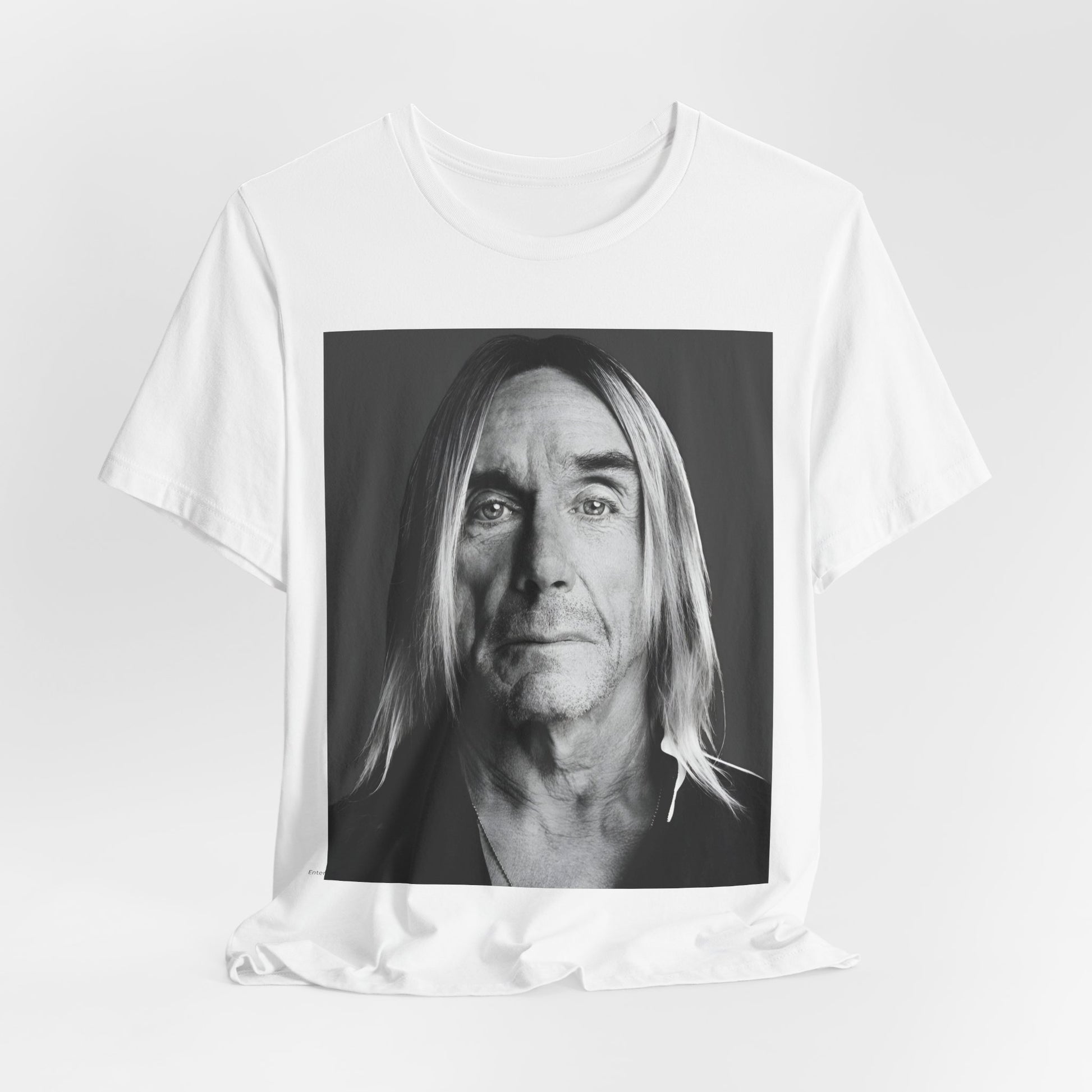A black graphic t-shirt featuring a black and white portrait photo of Iggy Pop.