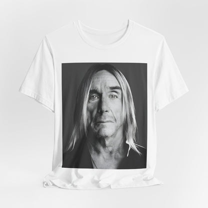 A black graphic t-shirt featuring a black and white portrait photo of Iggy Pop.