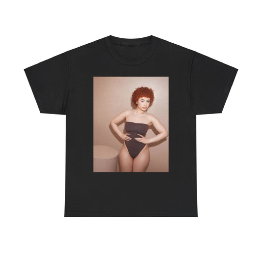 A black graphic t-shirt featuring a graphic of Ice Spice with her curly hair, emphasizing her iconic fashion status.