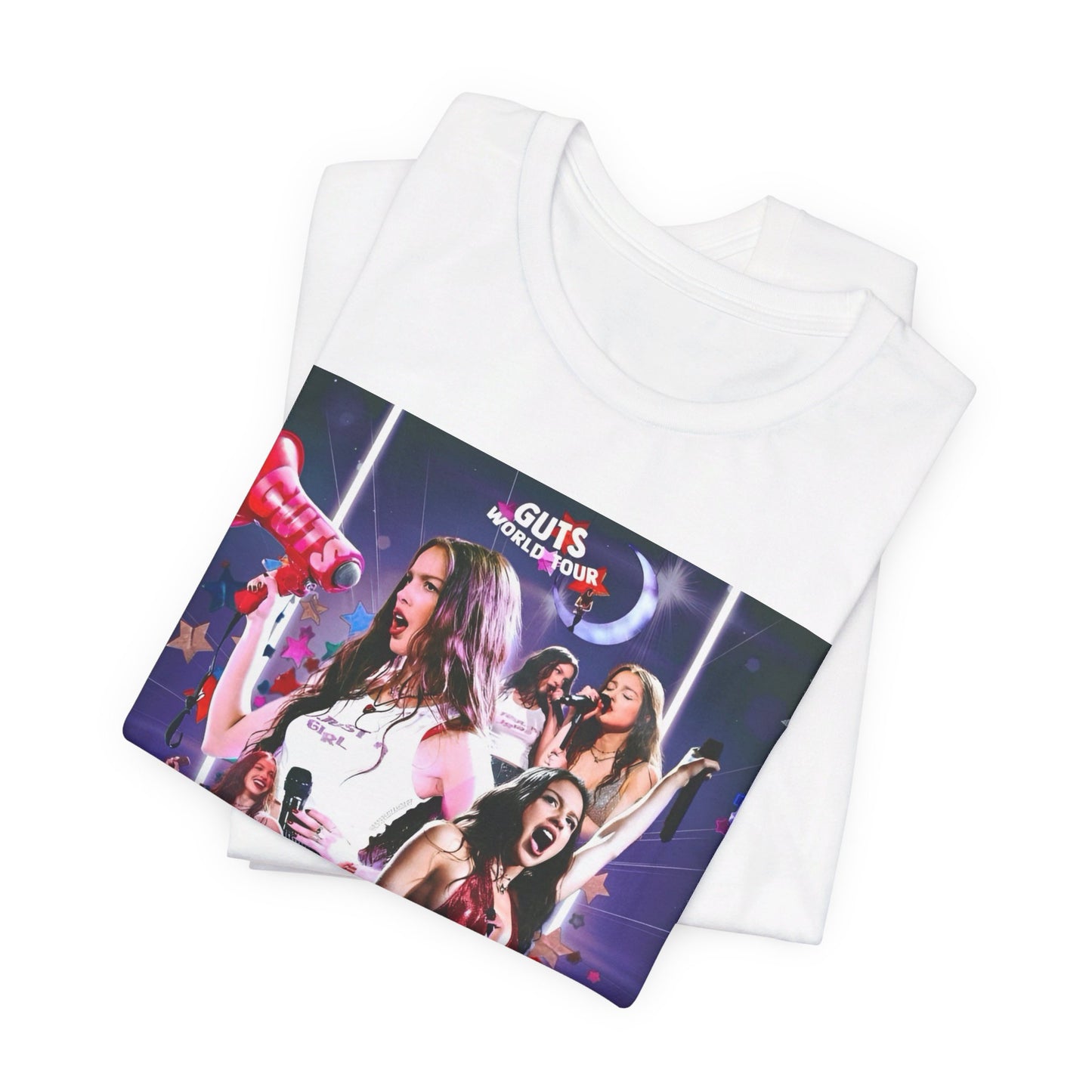 A black graphic t-shirt featuring a bootleg graphic of Olivia Rodrigo.