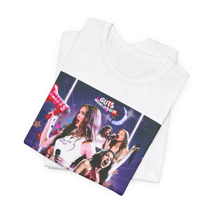 A black graphic t-shirt featuring a bootleg graphic of Olivia Rodrigo.