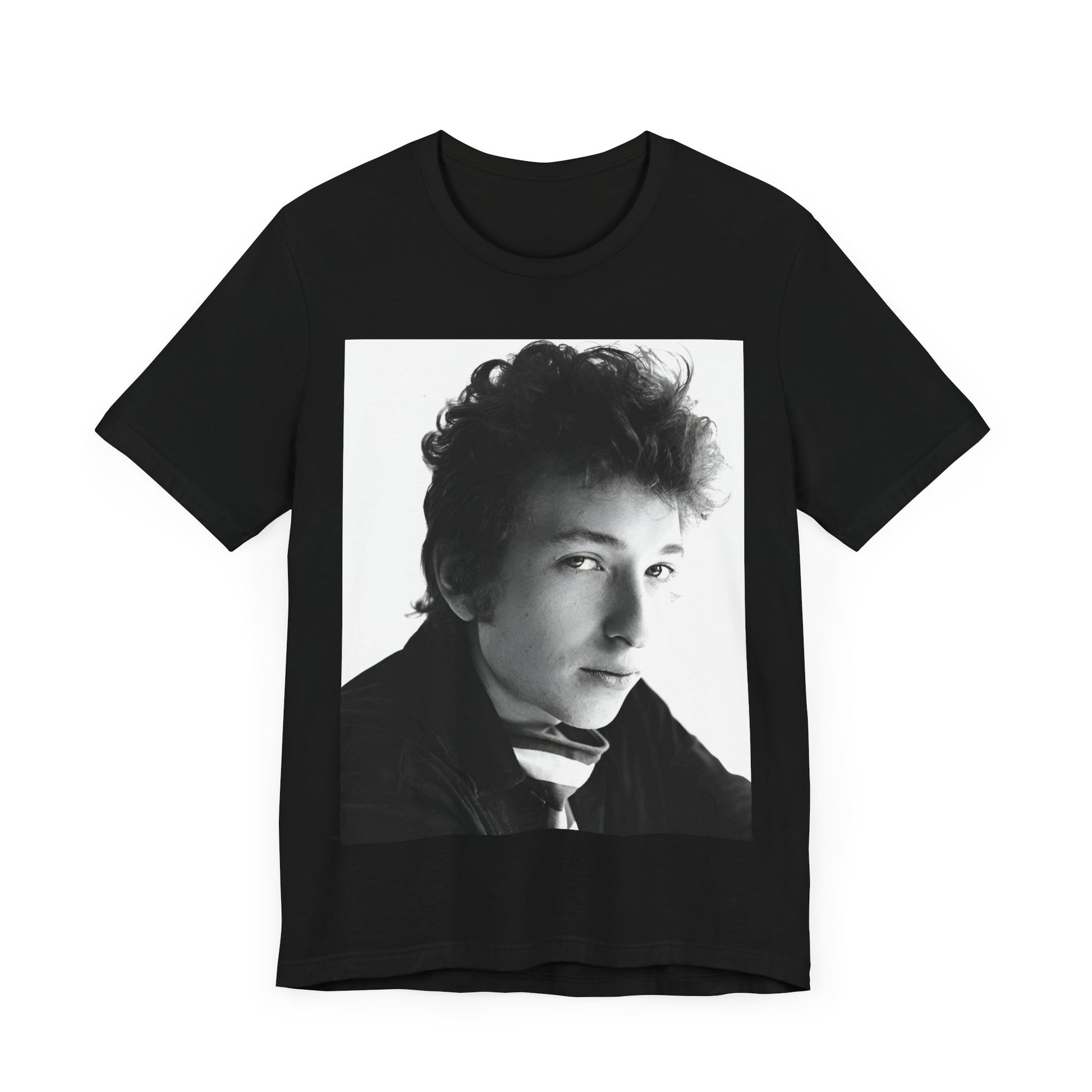 A black graphic t-shirt featuring a graphic related to Bob Dylan's 'Like a Rolling Stone' song or era.