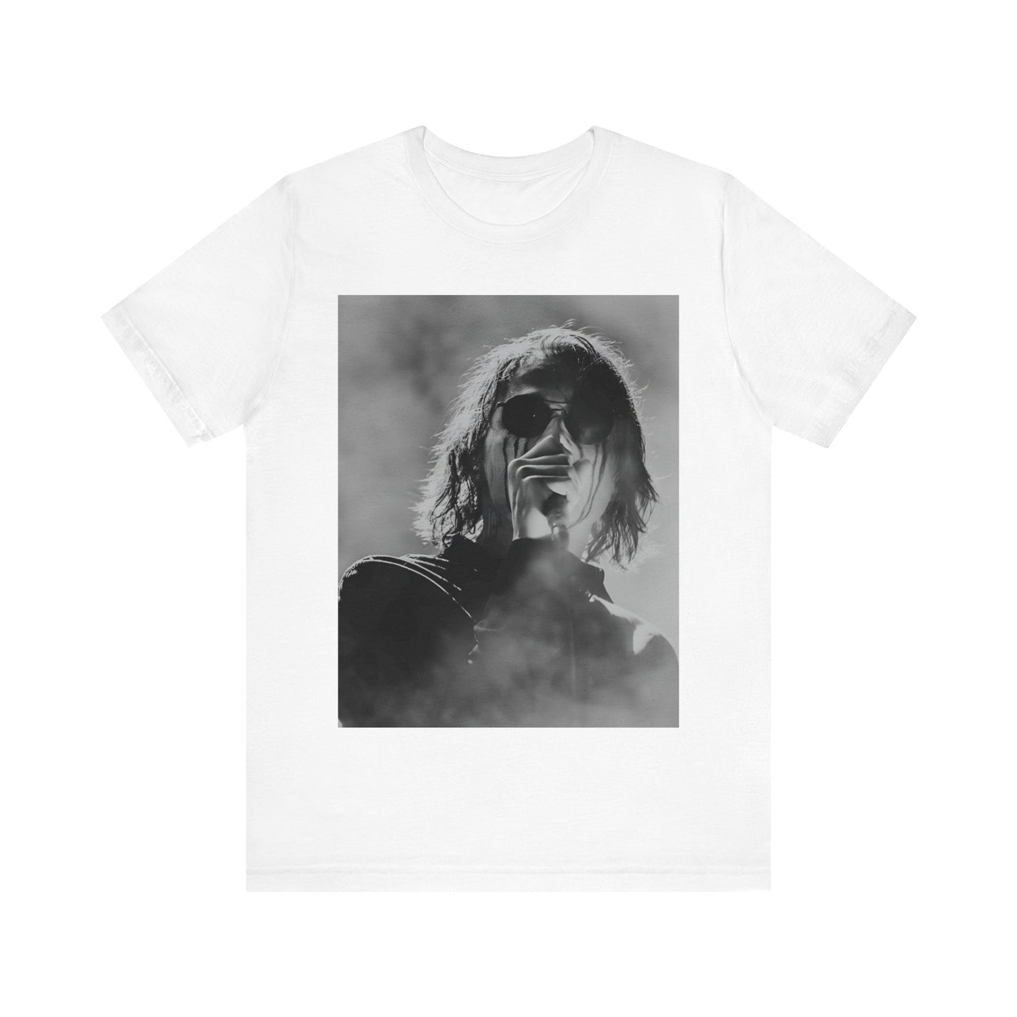A black graphic t-shirt featuring a black and white, monochrome graphic or photo of My Chemical Romance.