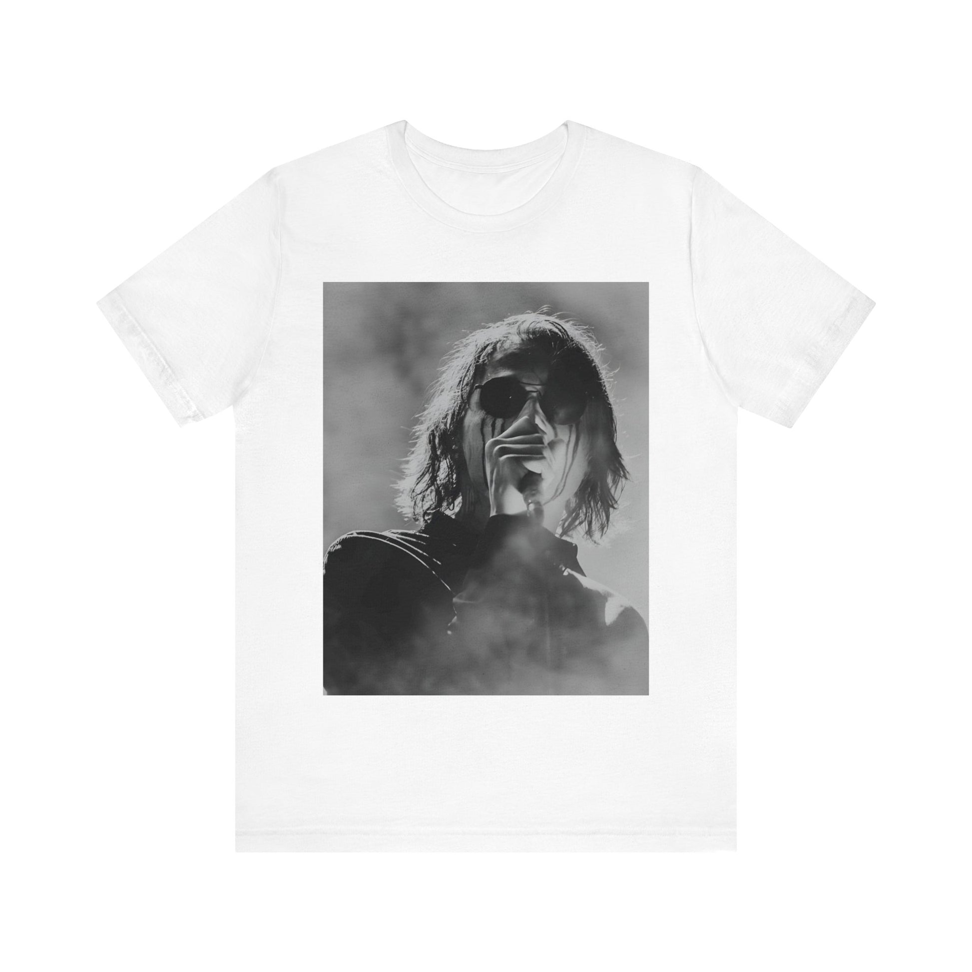 A black graphic t-shirt featuring a black and white, monochrome graphic or photo of My Chemical Romance.