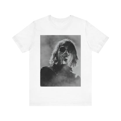 A black graphic t-shirt featuring a black and white, monochrome graphic or photo of My Chemical Romance.