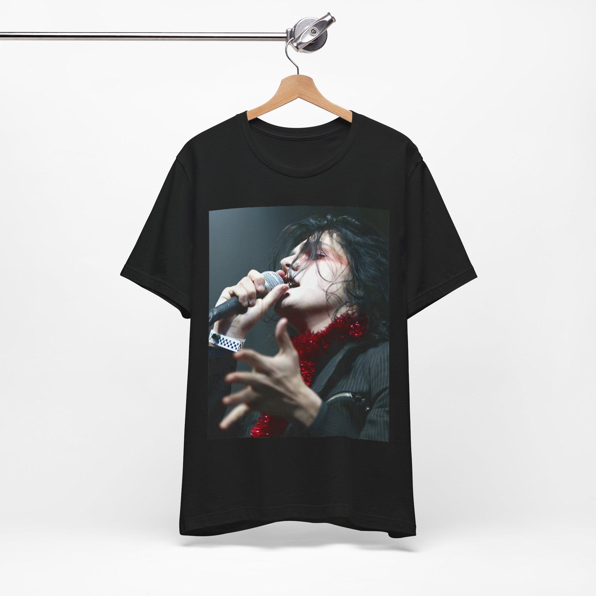 A black graphic t-shirt featuring an emo graphic of Gerard Way from My Chemical Romance.