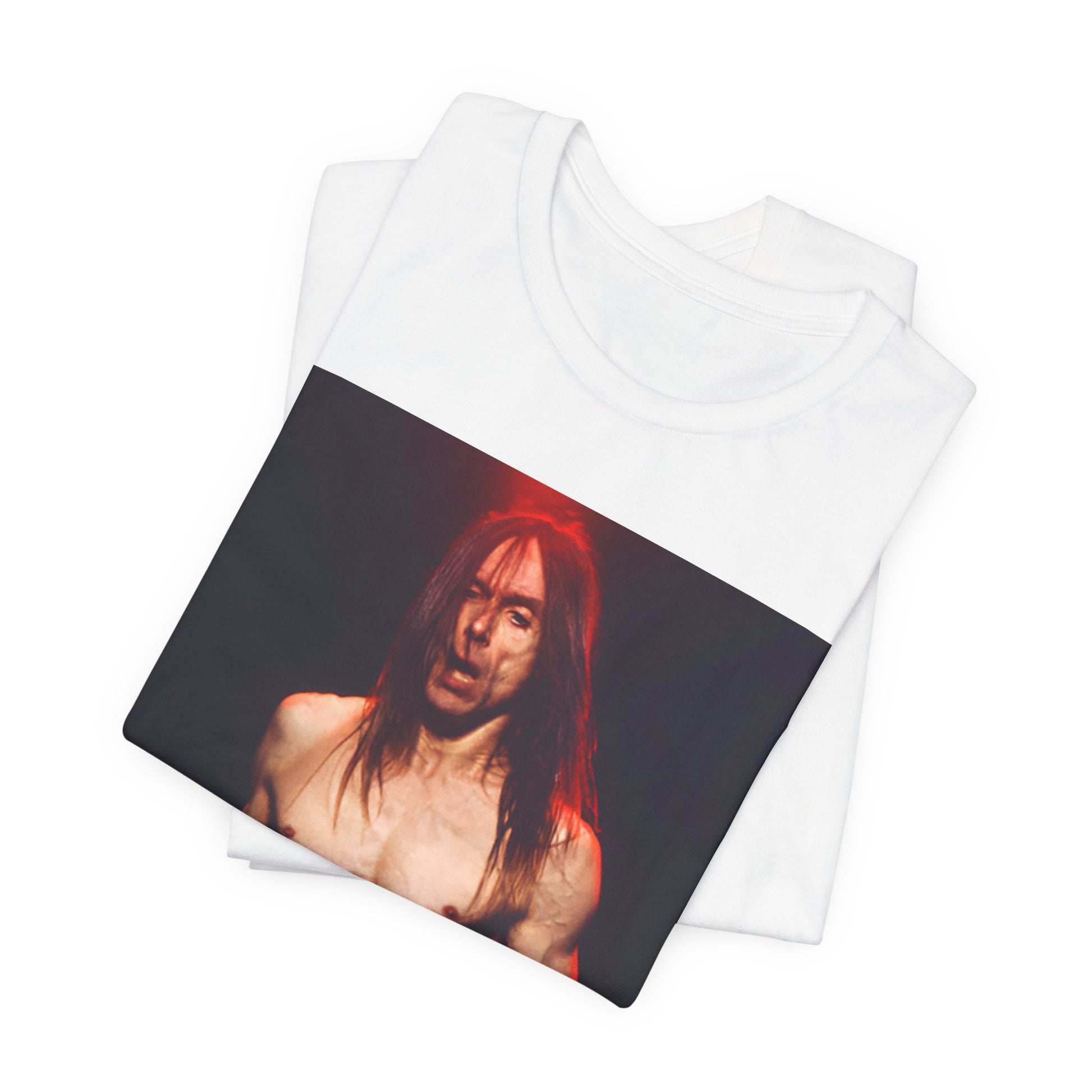 A black graphic t-shirt featuring a graphic related to Iggy Pop's 'Raw Power' era.
