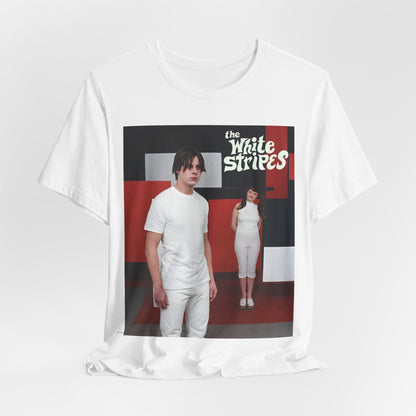 A black graphic t-shirt featuring a red and white aesthetic graphic of The White Stripes.