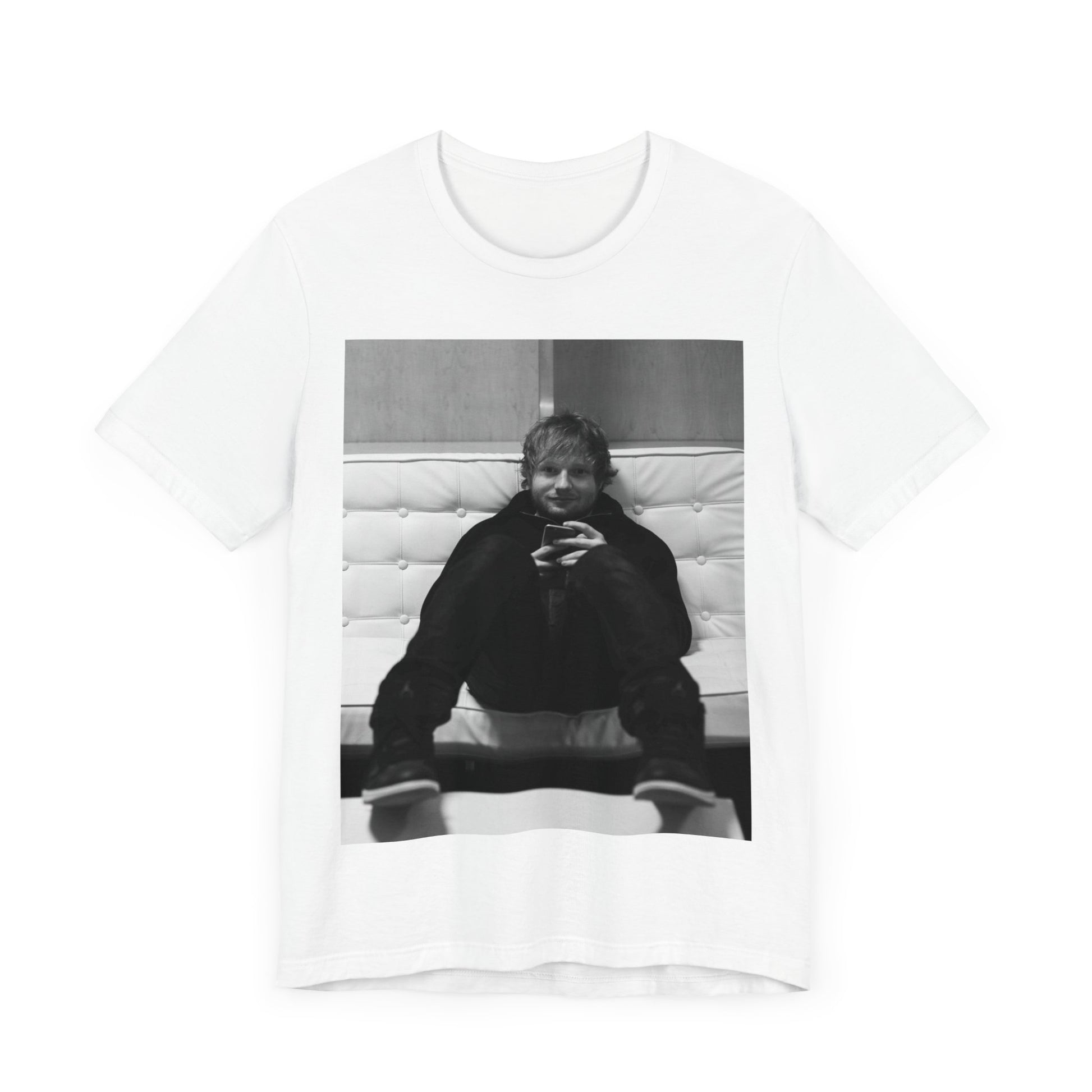 A black graphic t-shirt featuring a bold black and white graphic of Ed Sheeran.