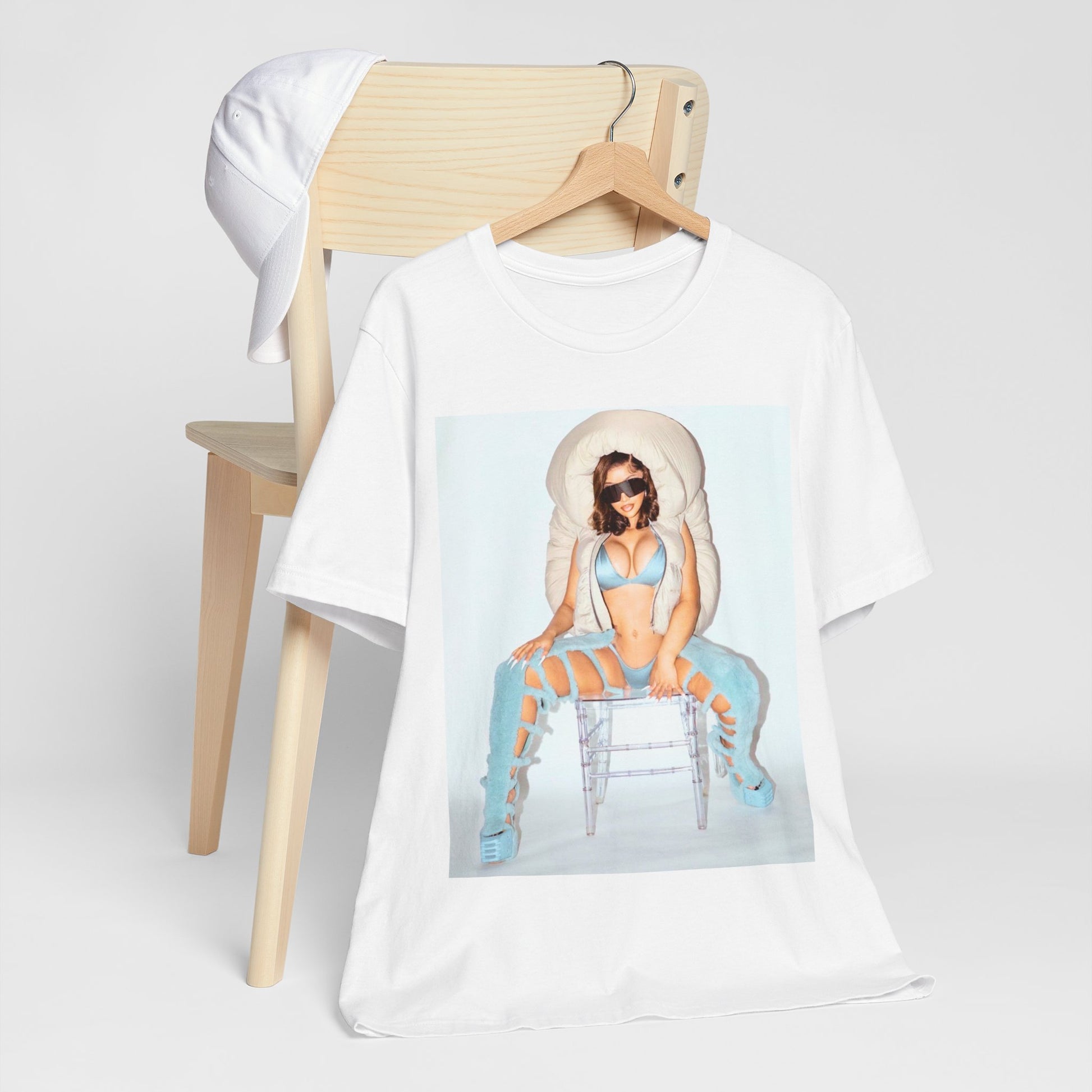A black graphic t-shirt featuring a glamorous photo portrait of Cardi B.