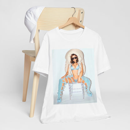 A black graphic t-shirt featuring a glamorous photo portrait of Cardi B.