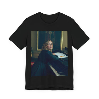 A black graphic t-shirt featuring a black and white photo of Adele sitting at a piano, with a focused and emotional expression as if performing.